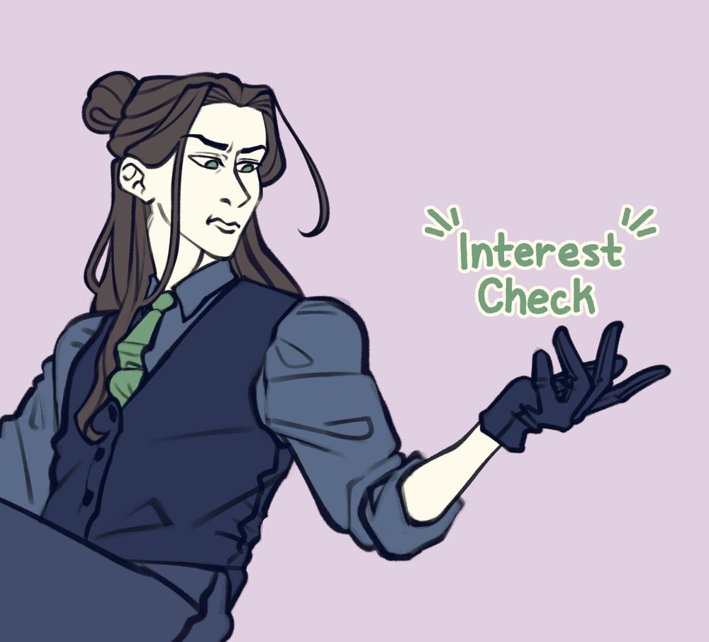 Shen Jiu is sitting partially out of frame while he's looking at his hand held out. The words "Interest Check" float above said hand.