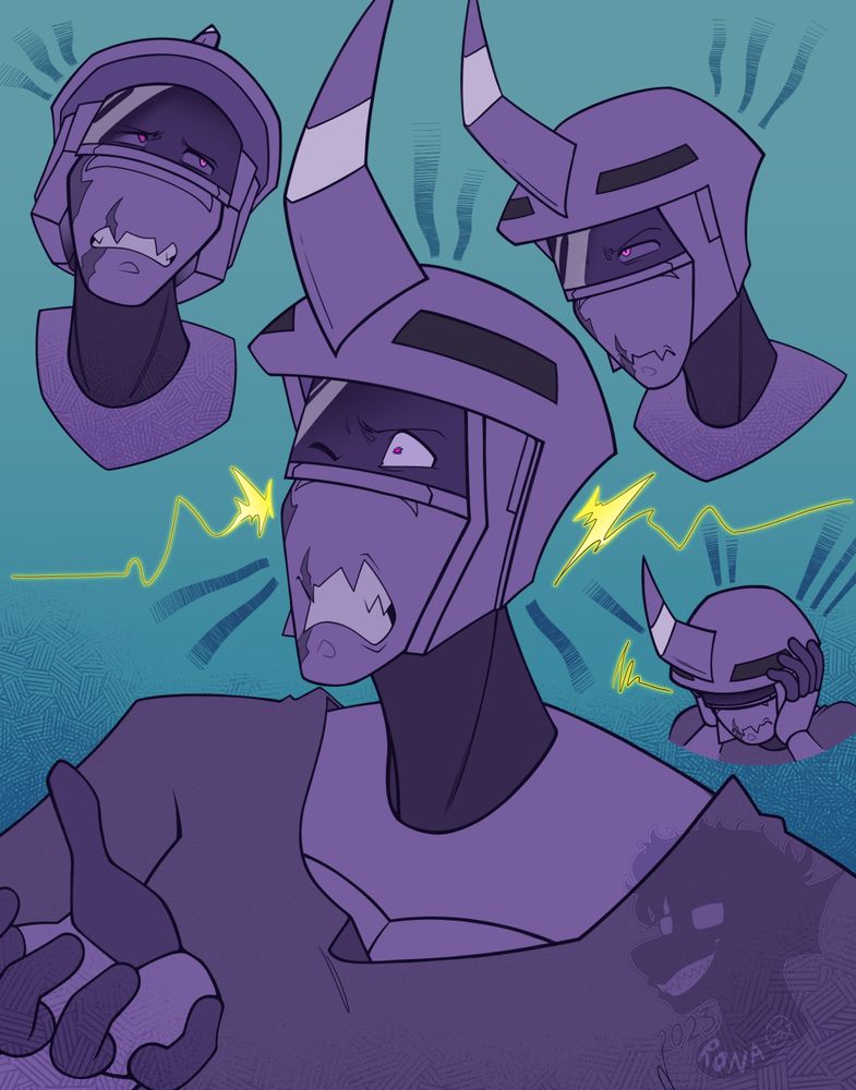 My robot Hunter in multiple headshot/bust poses. The main middle pose is Hunter scowling painfully and with an eye shut, raising a hand somewhat as if caught by surprise. The shock emanating from their head represents the painful sting of their headache.

The smaller busts of Hunter around the main pose are variations of them in pain, scowling or frowning to indicate their displeasure and suffering.