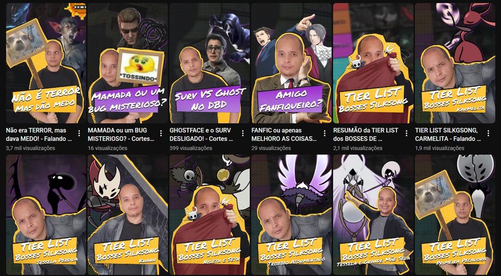 Print do canal KinhoMJ no YouTube, mostrando os últimos vídeos postados, com foco nas thumbnails. 