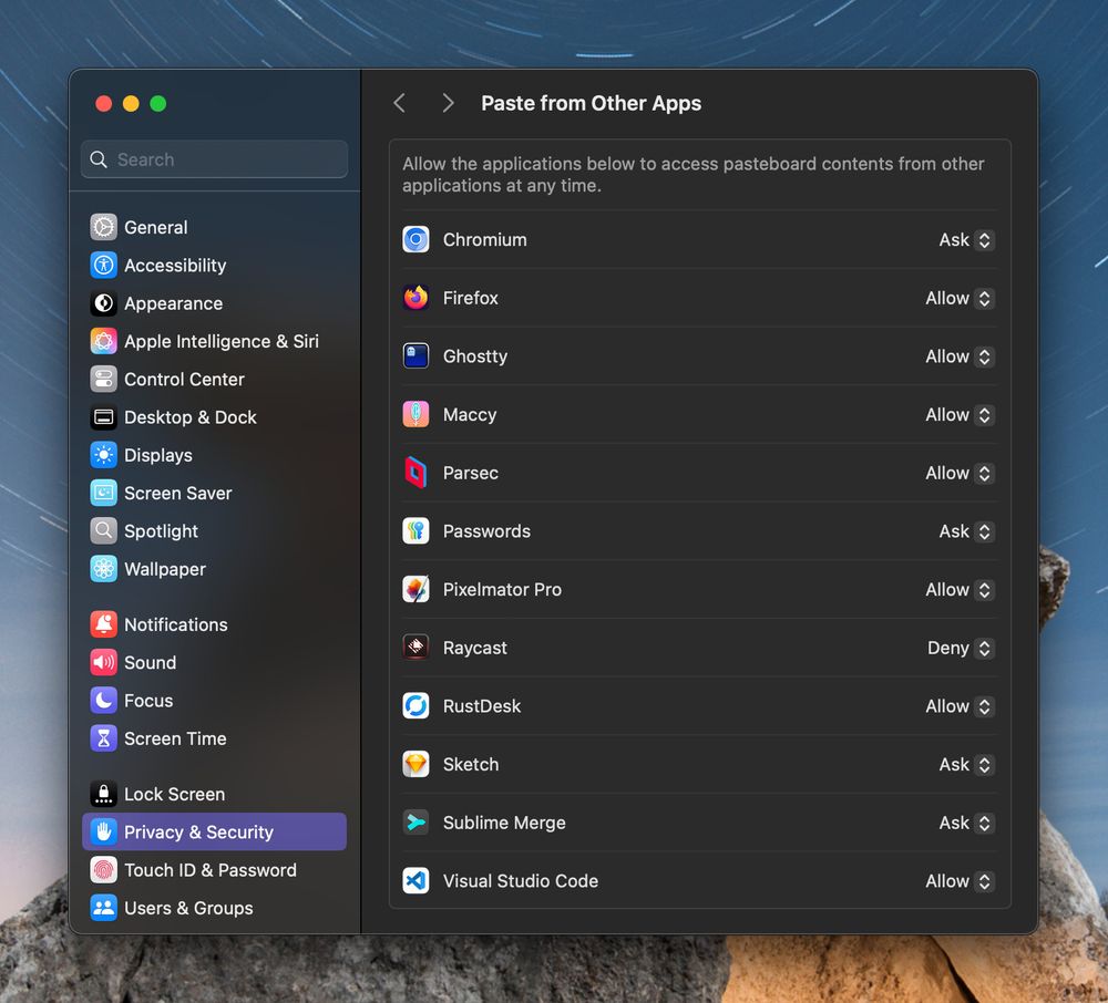The Paste from Other Apps screen in System Settings, listing 12 apps that have triggered a paste confirmation dialog. They have been set to Ask, Allow, or Deny.