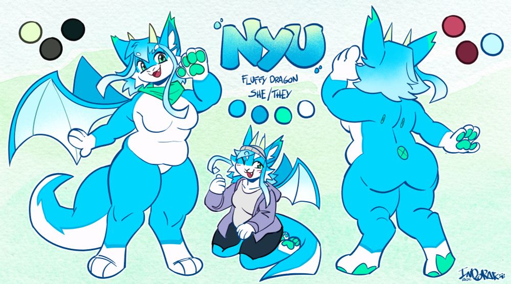 Ref sheet drawn by @indorak.bsky.social
Shows a front and back view of a blue fluff dragon, as well as a smaller chibi drawing of her sitting on her knees wearing an outfit consisting of a light purple hoodie with a gray undershirt and black yoga shorts, as well as a gray beanie. Text on the ref sheet reads as follows:
Nyu
Fluffy Dragon
She/They