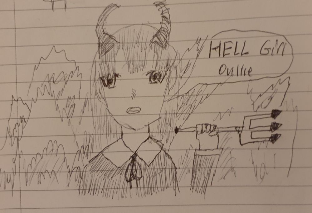Hell girl in flaming hell saying hell girl online 