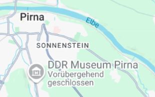 Text auf dem Kartenausschnitt von Pirna: Pirna - Sonnenstein - DDR Museum Pirna Vorübergehend geschlossen