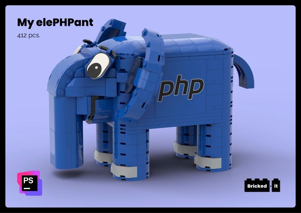 A PHP elephant built using LEGO bricks. The image includes the words “My elePHPant” and “412 pcs.” and includes the PhpStorm and Bricked-it logos.
