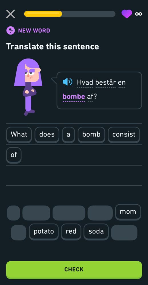 This is a real screenshot of a Duolingo exercise, where the character Lily asks the user to translate from Danish to English the phrase “Had består en bombe af?” The English translation is “What does a bomb consist of?”