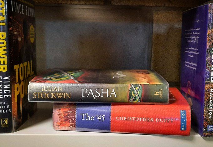 Bookshelves with a book titled Pasha on top of a book called The '45