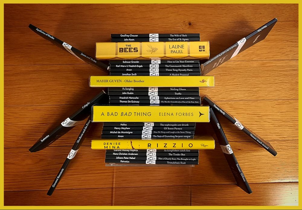 A bee made out of yellow and black books