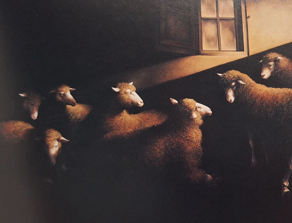 The Calling of St Matthew by Caravaggio but with sheep
