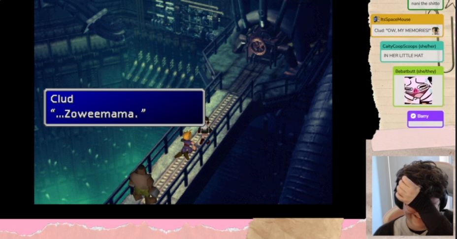 a screenshot from a livestream of final fantasy 7. the text in the game proclaims, "...Zoweemama." in the bottom right, a nonbinary person with brown hair is facepalming while laughing.