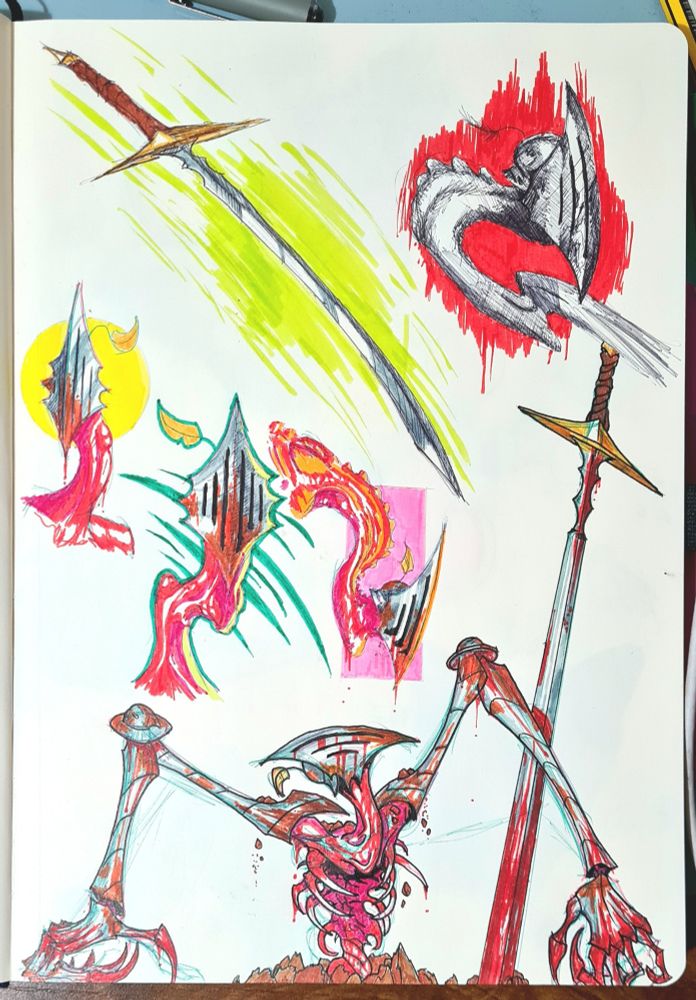 Colourful doodles of a lanky, gory knight's helmet and neck, alongside a drawing of the knight's longsword; with a steel blade, a gold hand-guard and pommel, and a brown leather-wrapped handle. Below this is a drawing of the lanky knight emerging from the ground, with dirt and rubble falling from its shoulders.