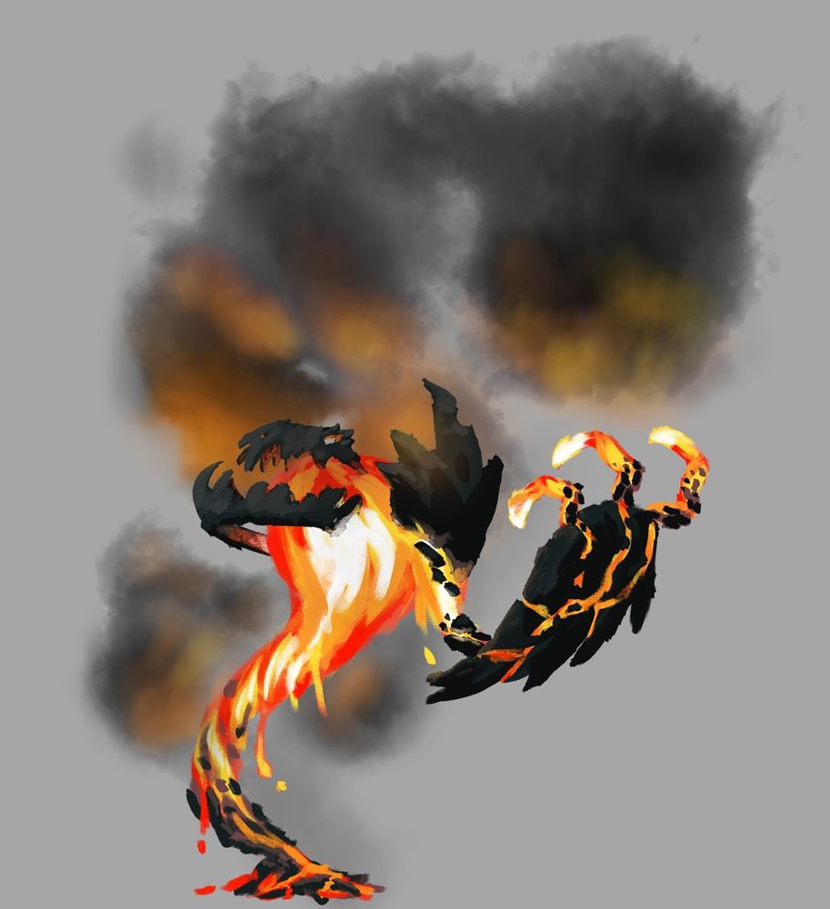 A living flow of lava with floating rocks making up its face, shoulder, and hand.