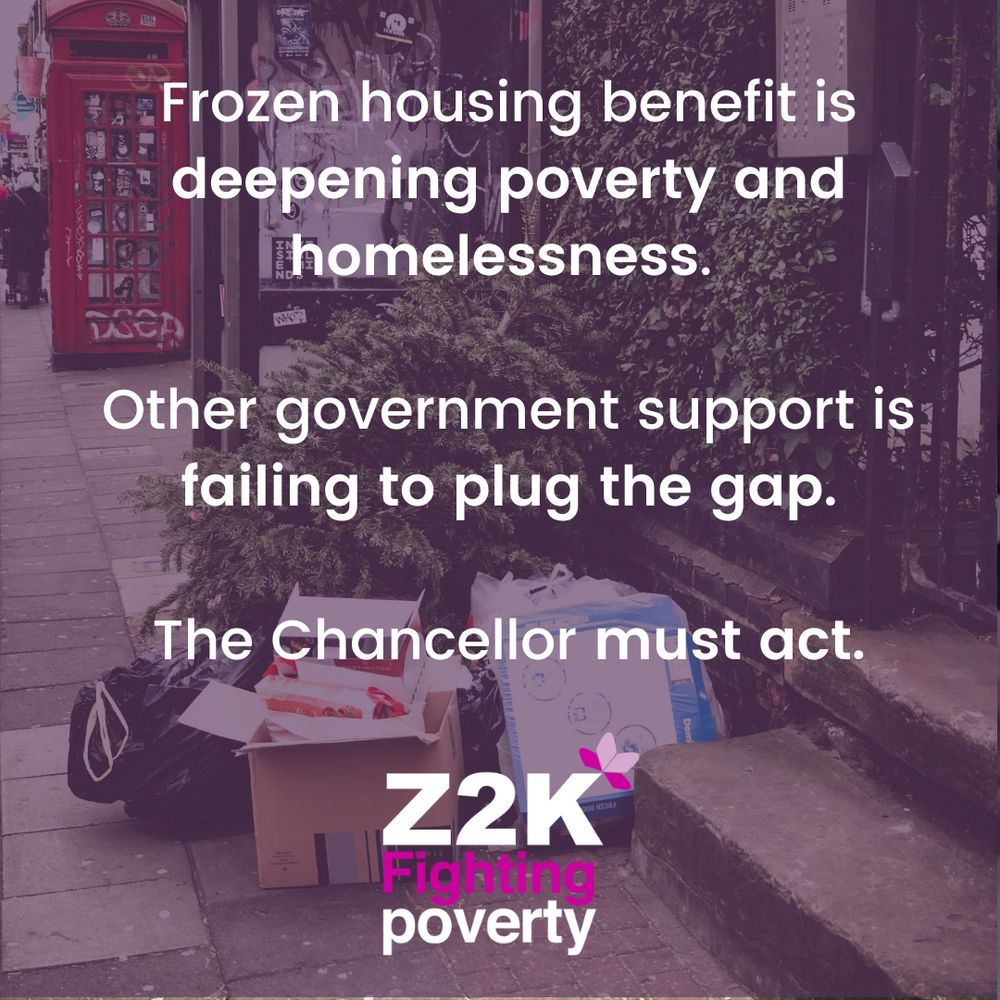 An image of some belongings outside on the street alongside a Christmas tree, overlaid with the following text: 'Frozen housing benefit is deepening poverty and homelessness. Other government support is failing to plug the gap. The Chancellor must act.'