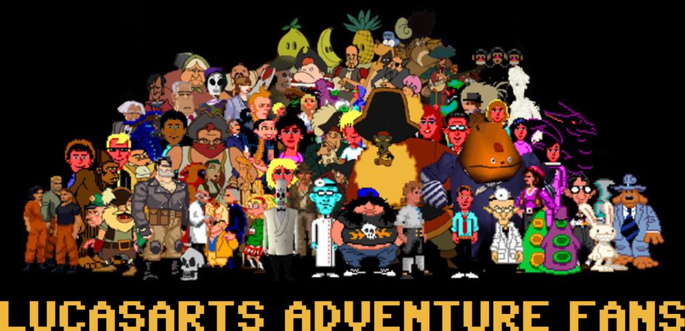 An image including many of LucasArts' adventure game characters with the text "LucasArts Adventure Fans" across the bottom. I did not make this image; it's been floating around the internet for at least a decade (minus the text I added). If you know who made it, please tell me so I can give them proper credit! Thank you :)