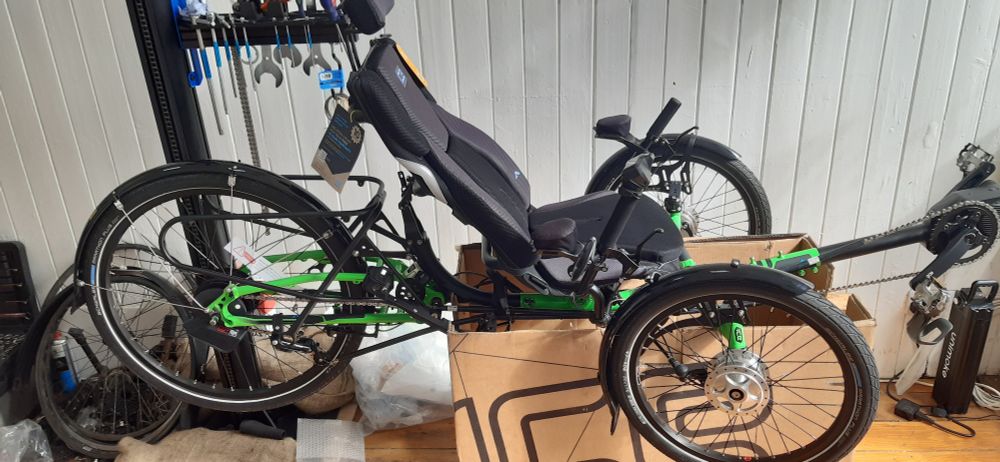 ICE recumbent electric trike in build using their packing box as they suggest.