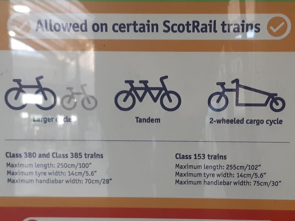 ScotRail sign at Haymarket showing that tandems and cargobikes are accepted on class 380 385 and 153 trains. Max length 2.5m (2.55m on 153 units). Width 70cm (75cm on 153 units).