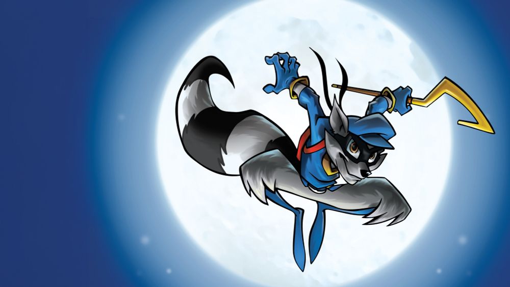 image of sly cooper, a cartoon racoon thief with a blue outfit and a staff