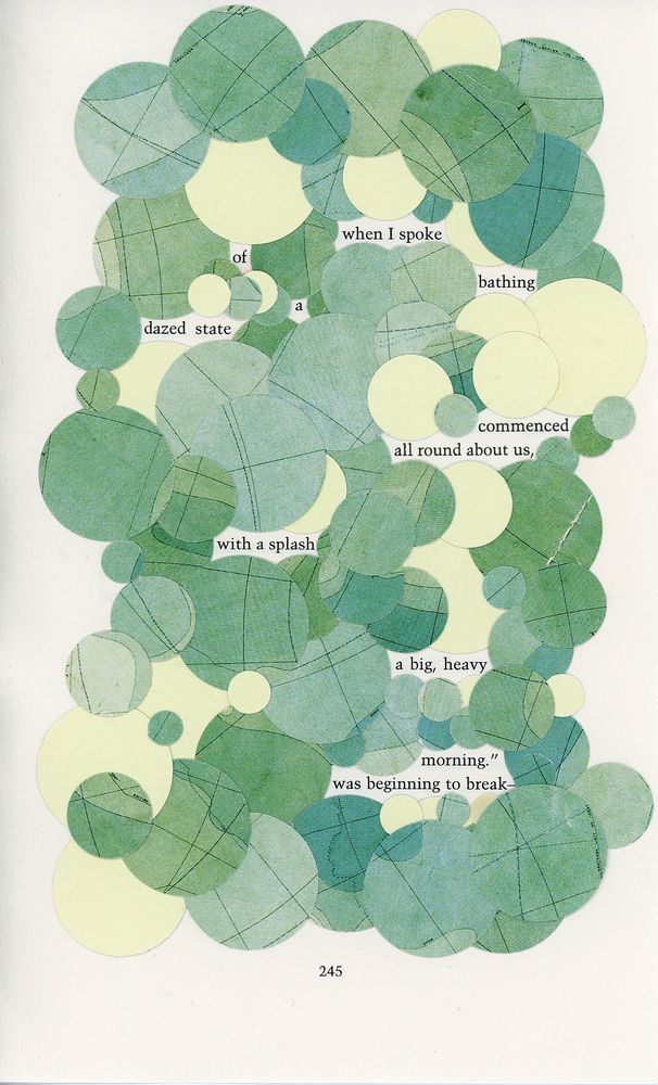 erasure poem using punch-out circles from a nautical map to obscure unwanted text. 
From "Classic Crimes" 