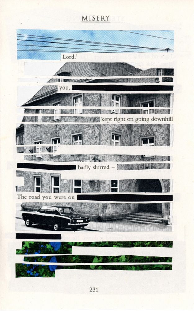 Book page with most of the text x-acto knifed-out to create an erasure. Images are placed behind the cut-out areas, including an artist's drawing of power lines, a German bank ad from the 60s or so, and flowers from a perfume ad, I believe it was Gucci.