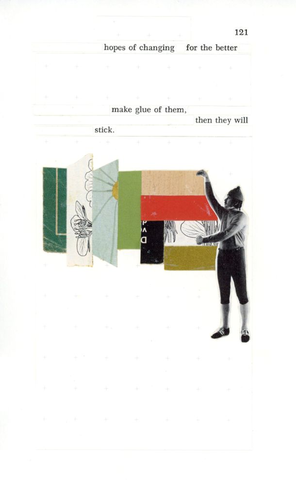 visual erasure poem with male figure in cap assembling strips of different colors into wallpaper