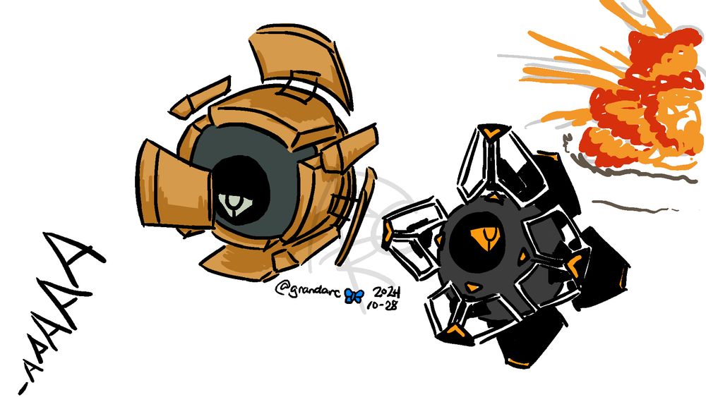 A Destiny 2 art featuring two Ghosts, Vol and Case. Vol does a facepalm (with a flappy bit of his shell) watching his Guardian fall off-screen. Case is also there, barely acknowledging his Guardian in the background accidentally exploding after accidentally shooting his own gunpowder gamble. Again.