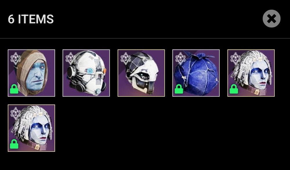 A screenshot showing 6 Destiny 2 helmets from the Halloween event, some are masterworked and locked to prevent being deleted.