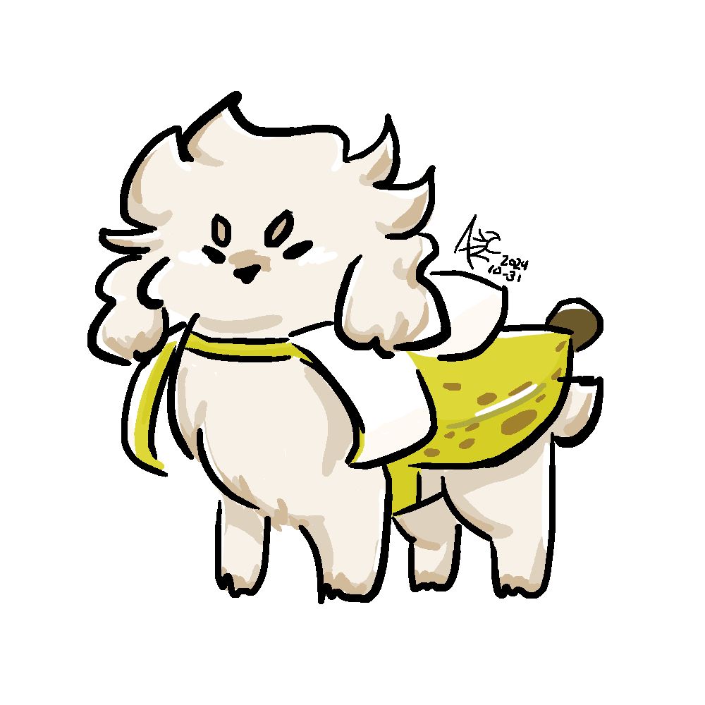A digital drawing of a small, adorably annoyed, cream-colored poodle wearing a banana costume.