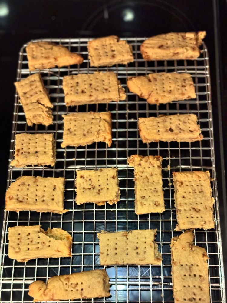 A cooling rack with mostly rectangular mis-shaped pieces of cooked shortbread. There are speckles throughout it all.