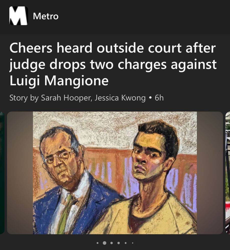 A headline from Metro reads "Cheers heard outside court street judge drops two charges against Luigi Mangioni" by Sarah Hooper, Jessica Kwong.

The hand drawing is not flattering, making his face look very angular and his neck very long.