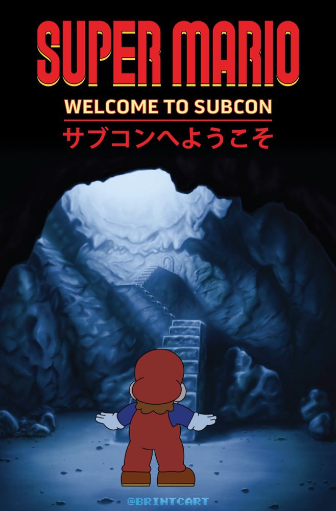 Super Mario Short Film Poster with the title Super Mario: Welcome to Subcon. The poster shows Mario in a cave looking up a mysteries staircase that leads to a door. A ray of light shines on the door emphasizing our curiosity.