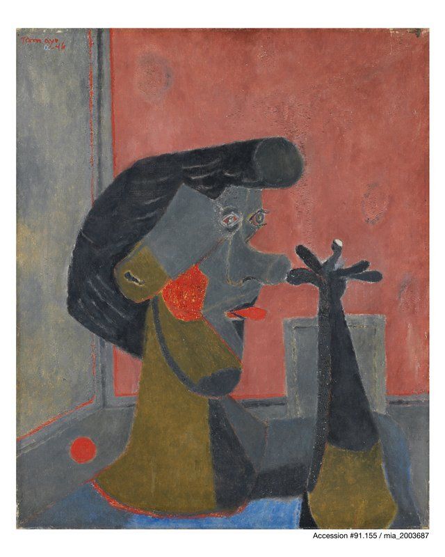 head of man in Cubist style, sticking out his tongue and thumbing his nose; red, pink, greys, black, olive, blue