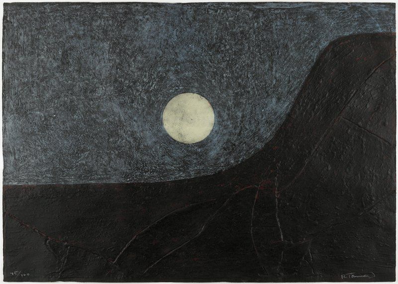 abstracted landscape; red-brown mountina shape with lines, "cracks"; mottled blue-black sky; pale yellow moon orb
Rufino Tamayo was a leading 20th-century Latin American paintner and printmaker who was active both in Mexico and the United States. During the 1940s, he worked with Stanley Hayter at the celebrated print workshop Atelier 17, then located in New York City. He pursued traditional subjects in his art, typically avoiding the leftist political content found in the work of many of his fellow Mexican artists. He produced this austere nocturnal landscape using the intaglio process of mixografia, a three-dimensional printing technique he helped invent. It was developed to capture textures and surface details more commonly seen in painting, collage, or bas-relief. The labor-intensive process requires a high-pressure printing press to simultaneously emboss thick handmade paper and transfer one or more colors.
