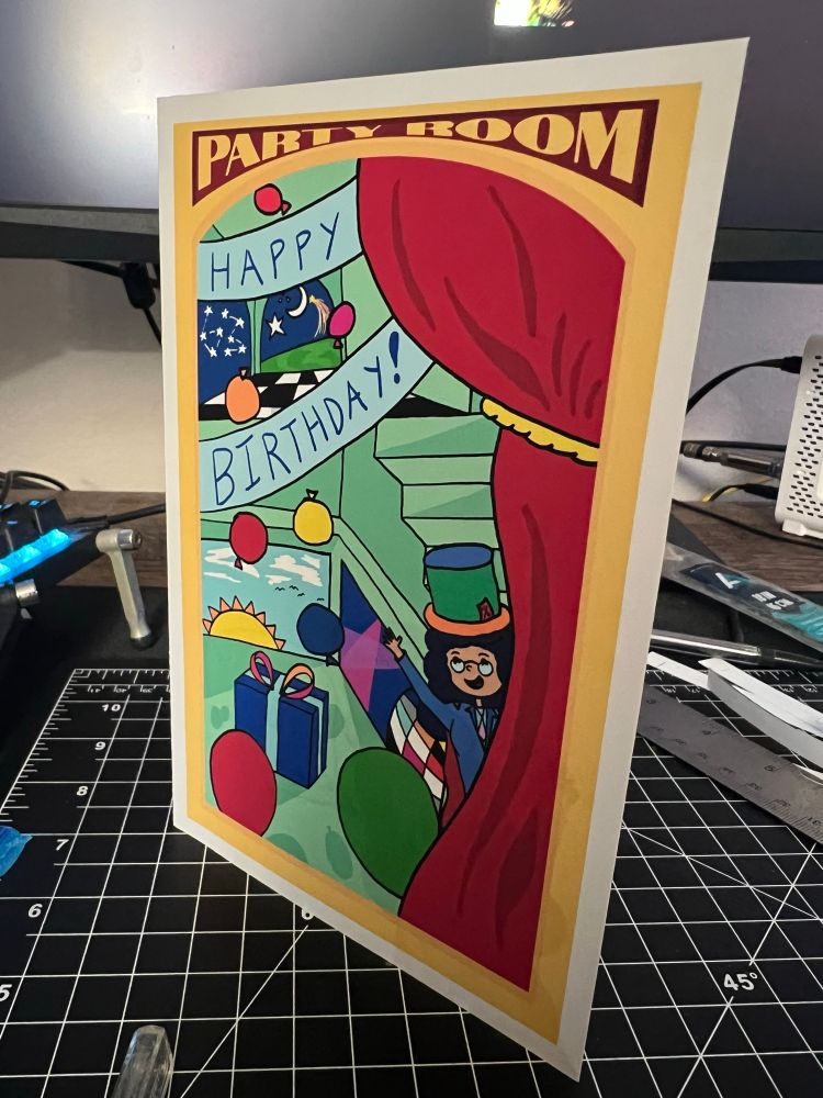 A birthday card featuring a large arch that reads “party room”, wherein lies a sprawling architecture of stairs and windows carved from concrete, with different celebratory scenes laid out in each.