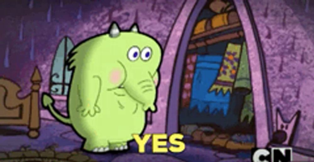 a cartoon character says yes in front of a door