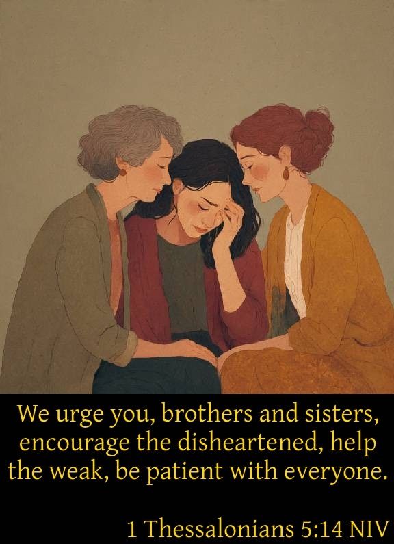 1 Thessalonians 5:14 NIV
We urge you, brothers and sisters, encourage the disheartened, help the weak, be patient with everyone. 

https://bible.com/bible/111/1th.5.14.NIV