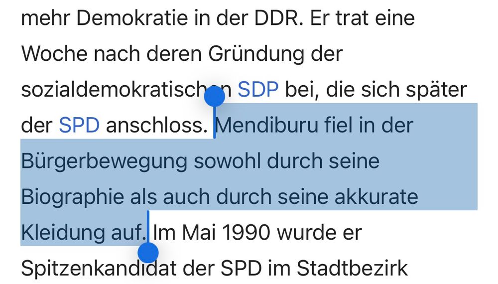 mehr Demokratie in der DDR. Er trat eine Woche nach deren Gründung der sozialdemokratischen SDP bei, die sich später der SPD anschloss. Mendiburu fiel in der Bürgerbewegung sowohl durch seine Biographie als auch durch seine akkurate Kleidung auf. Im Mai 1990 wurde er Spitzenkandidat der SPD im Stadtbezirk