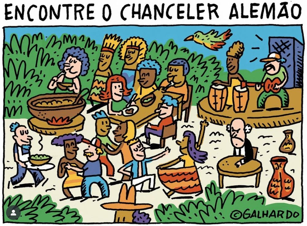 Eine Zeichnung von fröhlichen Leuten, aber einer sieht wütend aus