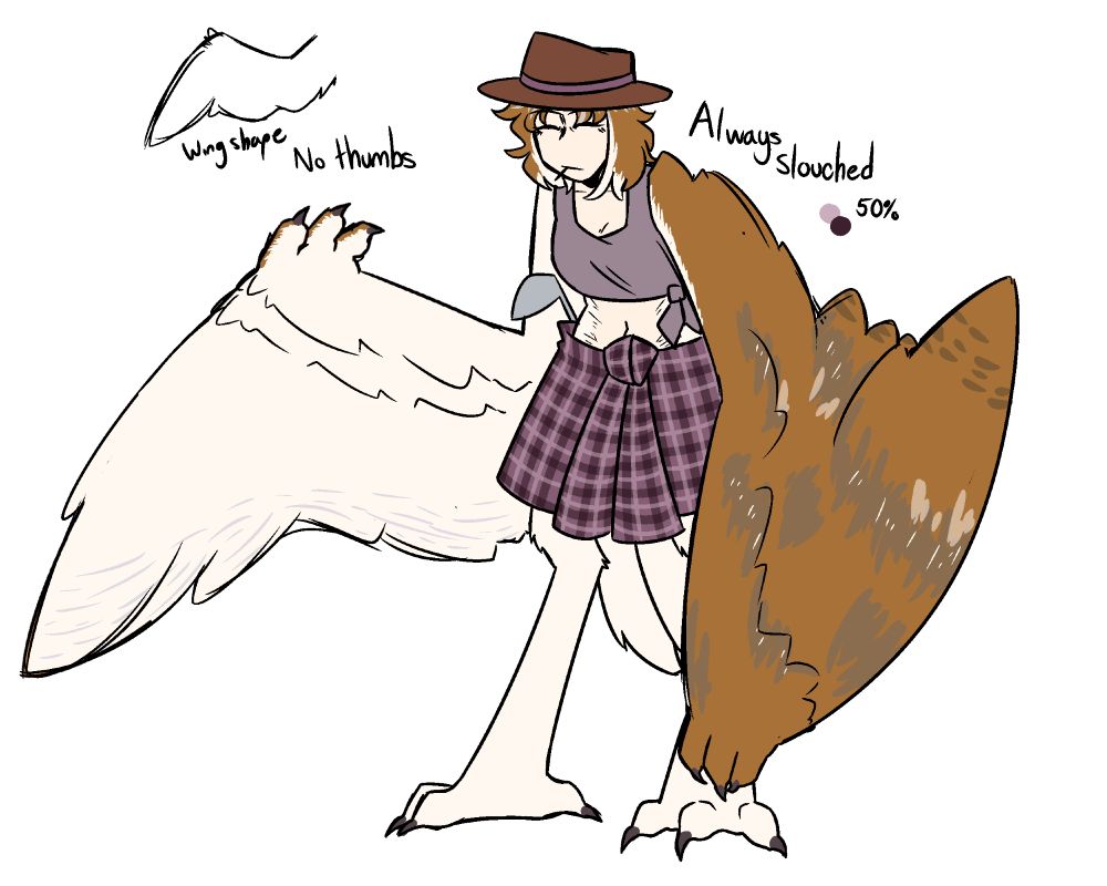 a humanoid woman with barn owl wings instead of arms with large claws at the wrist joint, talongs instead of legs, and tail feathers