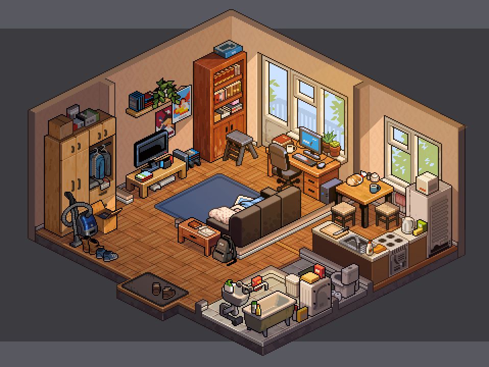 An isometric picture of a cozy single-room apartment.