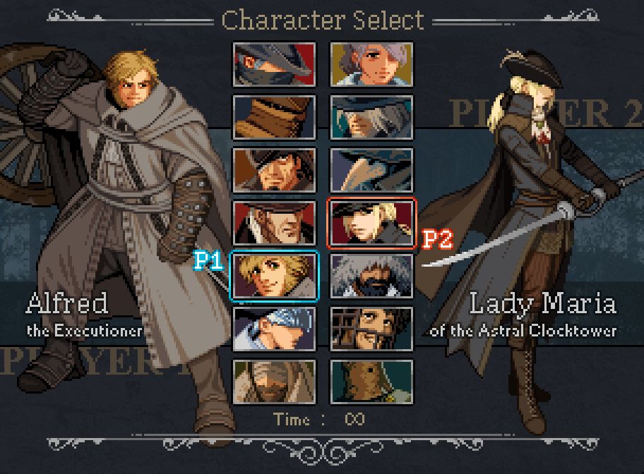 A mock-up screenshot of a fighting game featuring characters from Bloodborne.