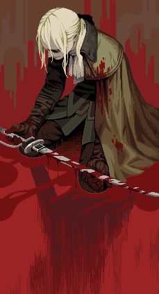 Lady Maria from Bloodborne, portrayed kneeling in blood with Rakuyo in her hands, crushed by regret.