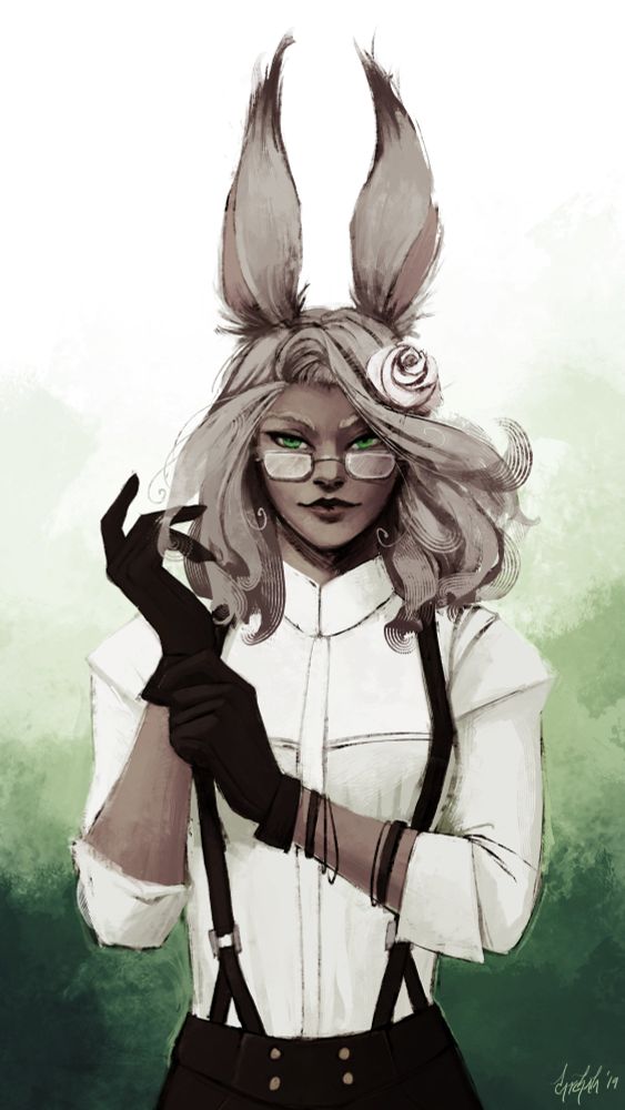 Illustration of a grey-haired Viera character from Final Fantasy XIV wearing white a white shirt with rolled-up sleeves and black suspenders. Depicted from the waist-up, she is looking at the viewer with a determined expression while adjusting the glove on her right hand. 