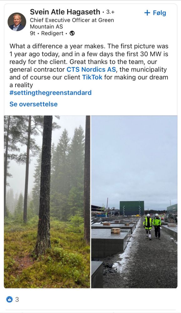 Post by leader of Green Mountain on LinkedIn. Left panel, a beautiful forest. Right panel, a construction site. Text is promoting the right panel as an upgrade over the left panel.