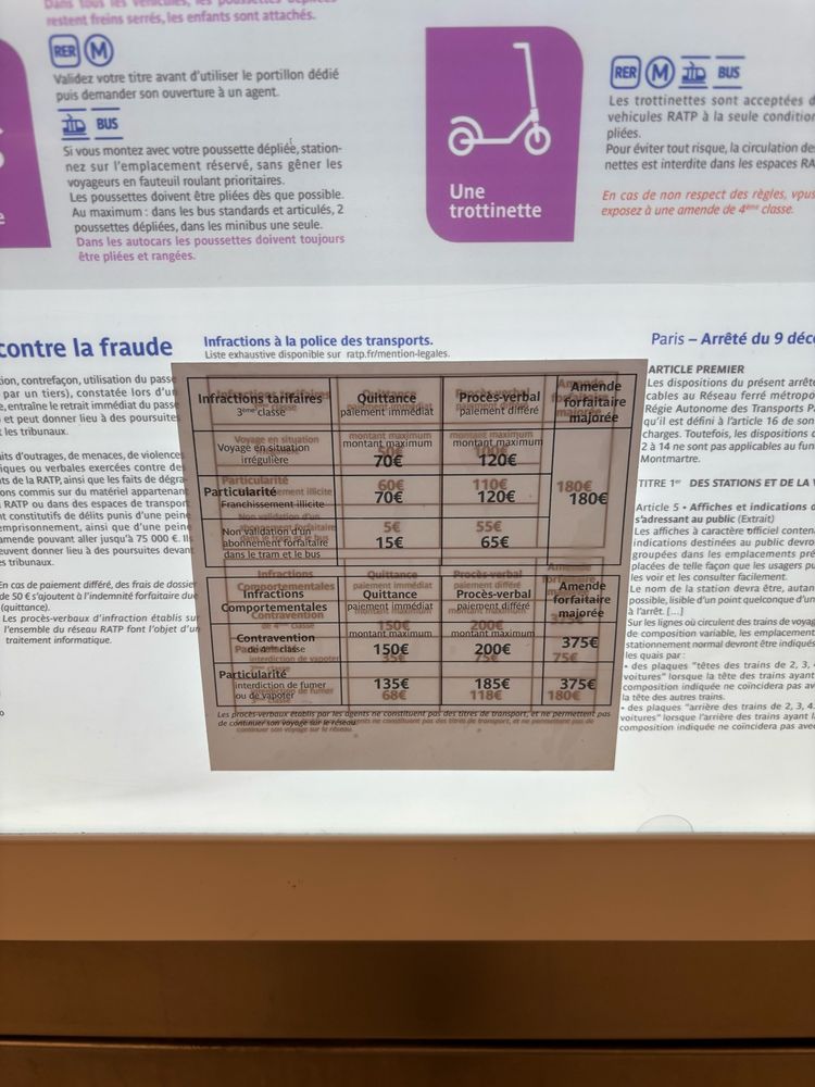 Une affiche des règles d’exploitation RATP avec l’extrait des amendes, par dessus à été collé les nouveaux tarifs (mais g’est assez peu visible au final, on voit les anciens en transparence derrière)