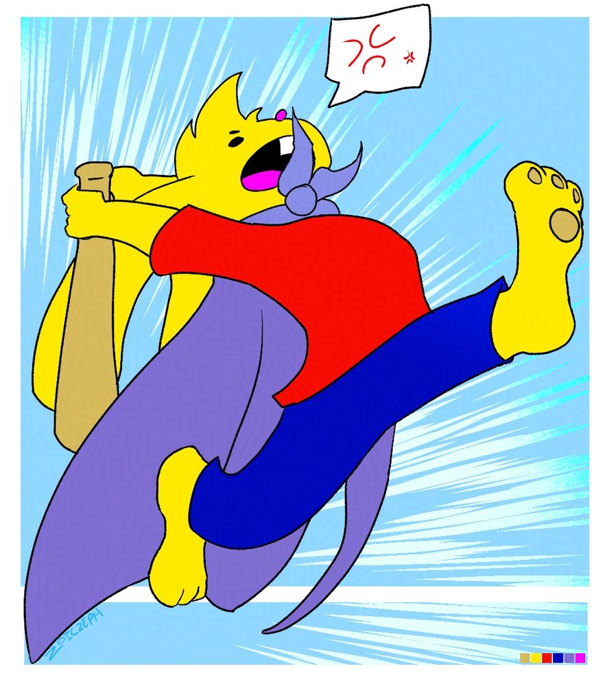 A yellow bunny with a red shirt and blue pants against a light blue background with action lines. He wears a purple cape and is swinging a bat.
