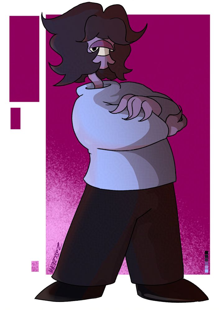 A purple humanoid in a lavender sweater with one eye. It stands with crossed arms, looking at the viewer with a nonchalant expression.