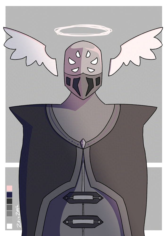 An armored entity with six eyes. Wings hover on either side of his head, and a halo spins above him. Each set of eyes have different expressions, making his mood hard to decern. The image is mostly grayscale.