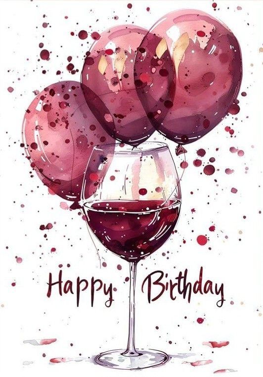 Glückwunsch Karte mit Ballons und einem Glas Wein