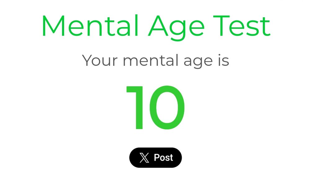 print do teste https://mymentalage.com/new dizendo "your mental age is 10" / "sua idade mental é de 10 anos"