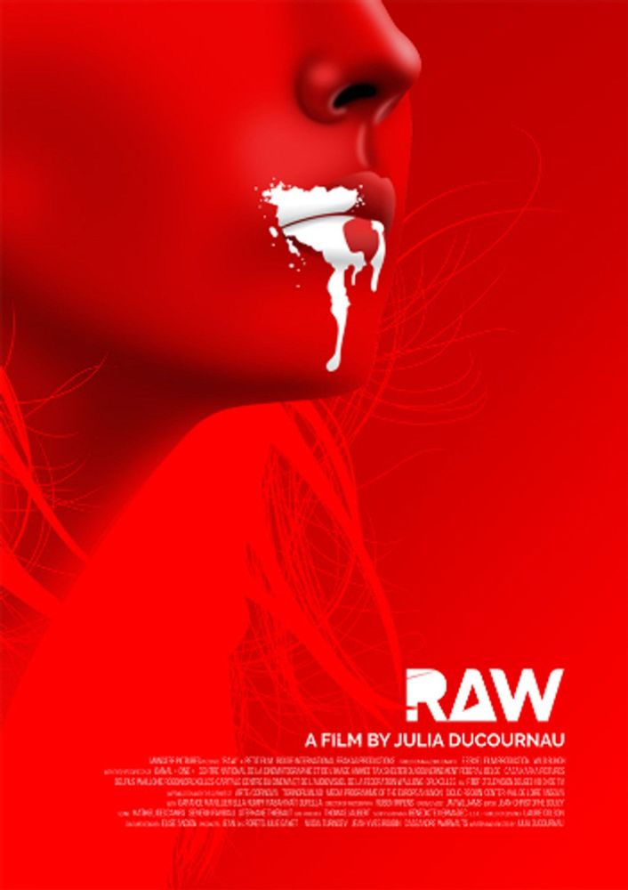 poster do filme raw, no qual se vê a silhueta de uma mulher em vermelho contra um fundo vermelho. ela tem a boca manchada de um líquido branco que escorre pelo seu queixo