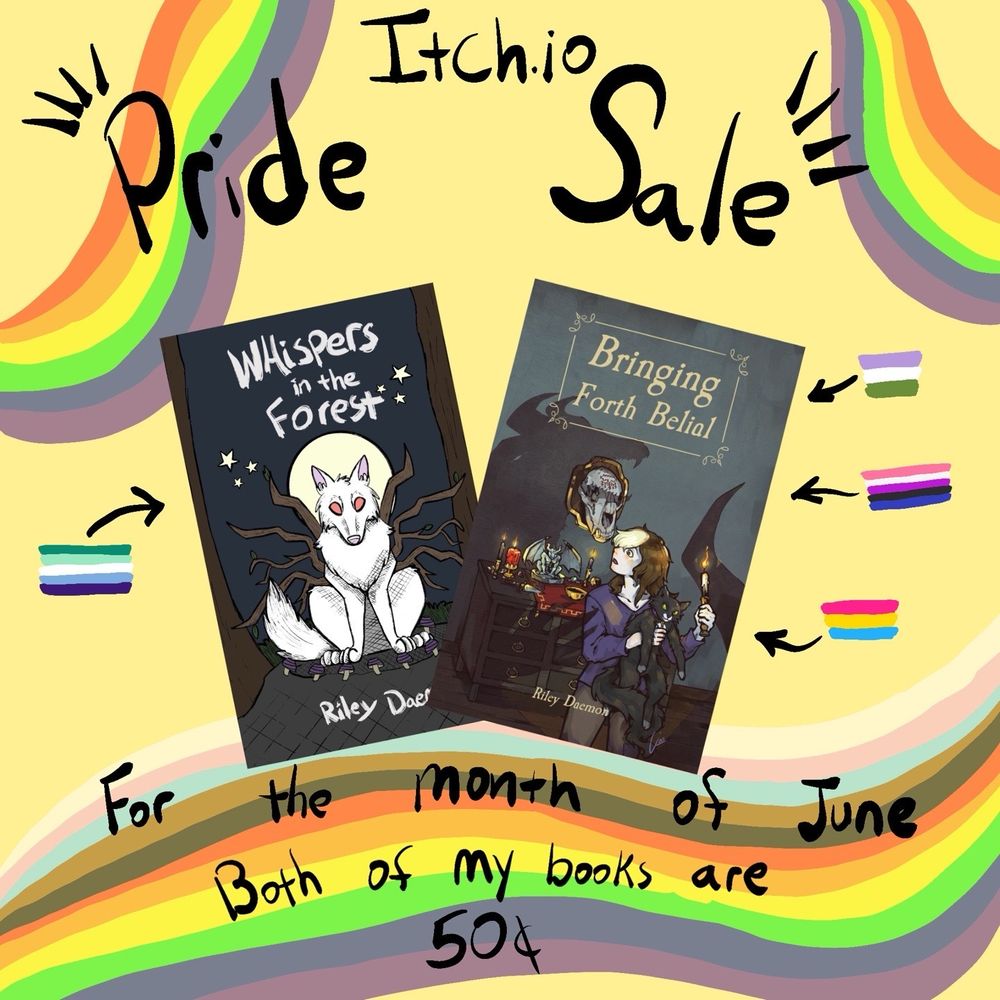 Itch.io pride sale!

Whispers in the Forest book cover with man loving man pride flag pointed towards it.

Bringing Forth Belial book cover with genderqueer, genderfluid, and pansexual pride flags pointed towards it.

For the month of June
Both of my books are
50 cents